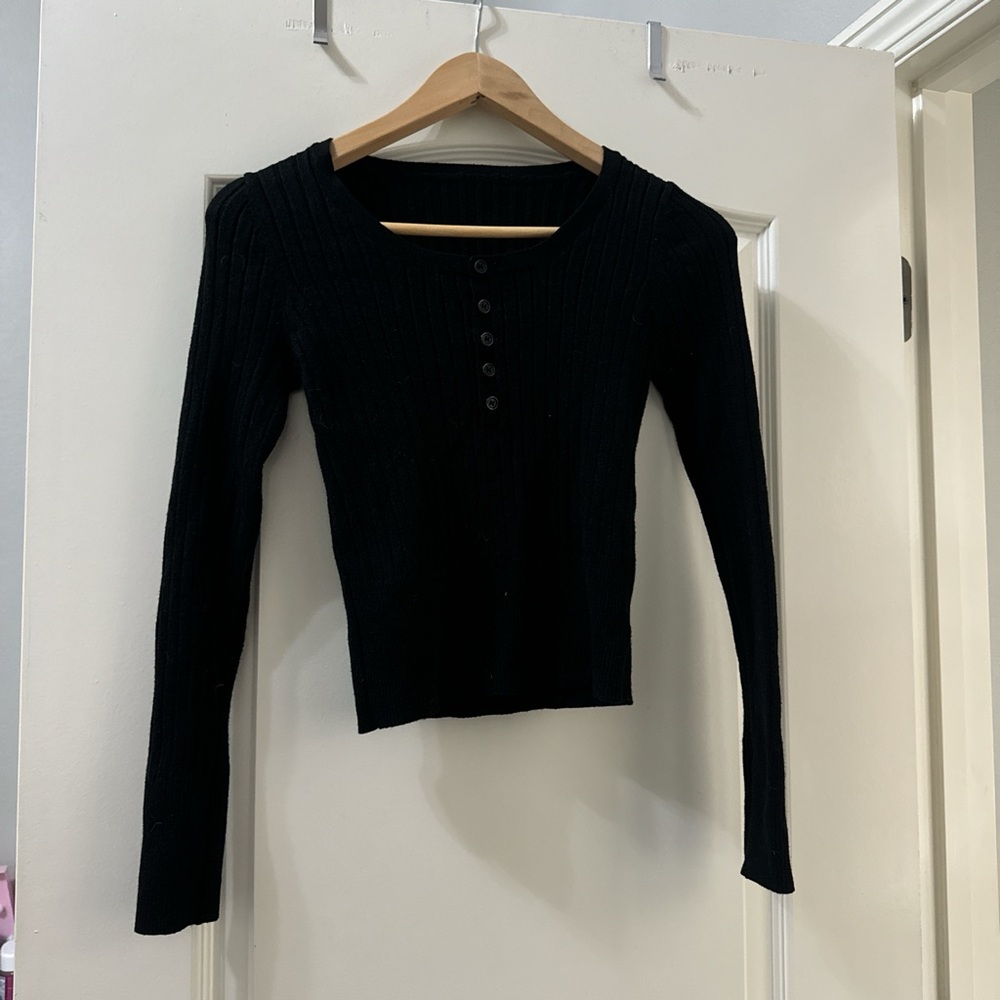 Black Ribbed Button-Up Women's Top